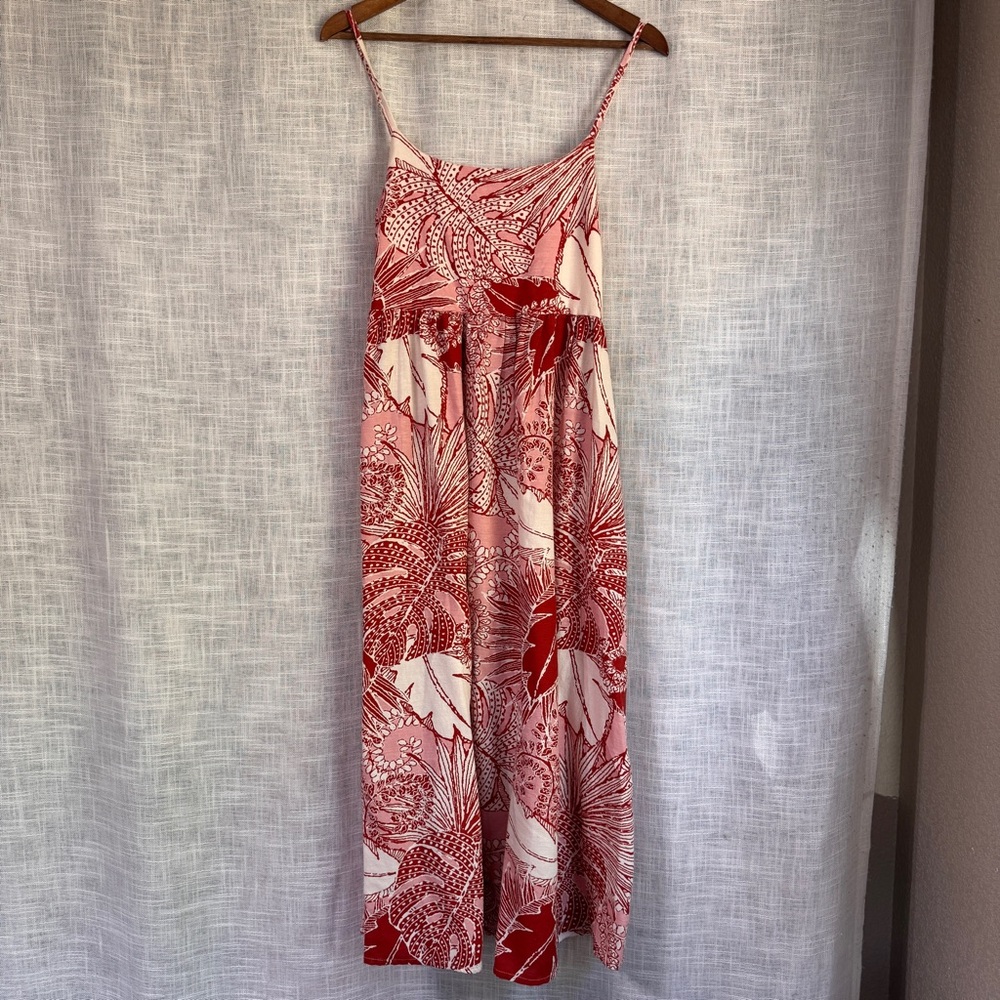 Japna Tropical Botanical Leaf Print Fit Flare Midi Dress Size Medium Red Cream